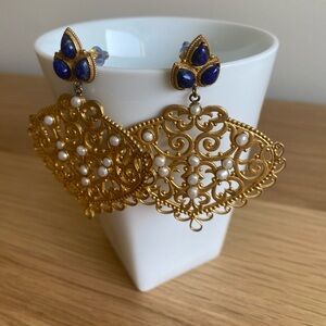 Gold tone filigree dangle earrings with lapis and seed pearls
